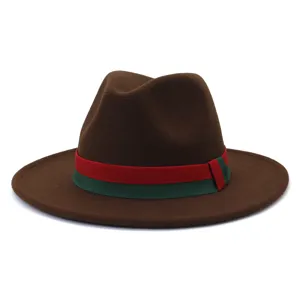 Classic brown wool fedora hat for men and women, wide brim fashion jazz cap with stripe.