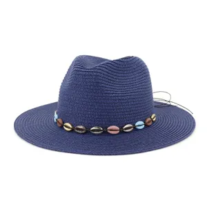 Chapeau de Paille Unisexe Grand Bord Chapeau de Soleil Été Plage Fedora Chapeau avec Bande de Perles de Coquillage Réglable Casquette Protection Solaire