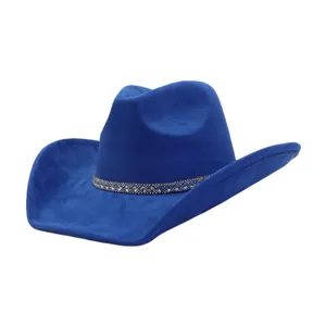 Detailed view of blue suede cowboy hat with sparkling rhinestone band, western style hat close-up
