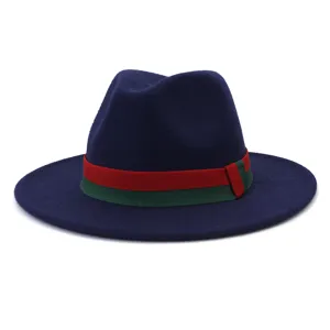 Blue wool felt fedora hat with classic red and green striped ribbon band for stylish autumn winter wear.