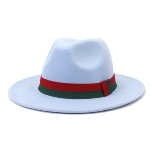 Light blue wool fedora hat with classic red and green ribbon band stylish autumn winter cap