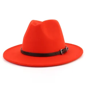 Sombrero fedora de lana roja para hombres y mujeres, elegante sombrero de jazz de ala ancha.