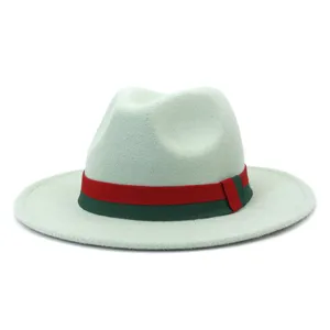 Classic wool fedora hat with red green ribbon, stylish wide brim autumn winter headwear.