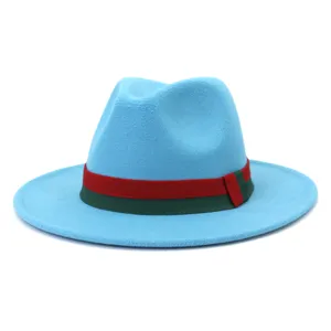 Detail shot of the blue wool fedora hat featuring a classic red and green striped ribbon band.