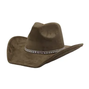 Brown faux suede cowboy hat with sparkling rhinestone band, stylish wide brim fashion cap.