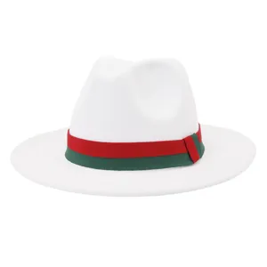 Classic white woolen fedora hat featuring a stylish red and green ribbon band for autumn and winter.