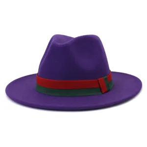 Purple wool fedora hat for women and men, classic wide flat brim with red green stripe ribbon.