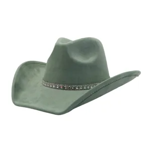 Green suede cowboy hat with rhinestone band, wide brim jazz hat for women and autumn fashion.