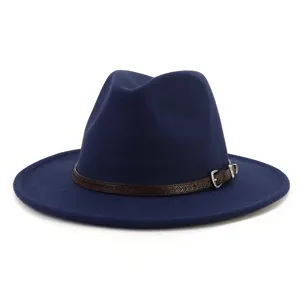 Sombrero fedora azul marino unisex, sombrero jazz de fieltro de lana de ala ancha marrón.