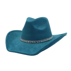 Turquoise soft suede cowboy hat featuring a sparkling rhinestone decorative band for women.