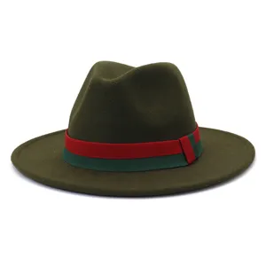 Classic olive green wool felt fedora hat with red and green stripe ribbon band for autumn.