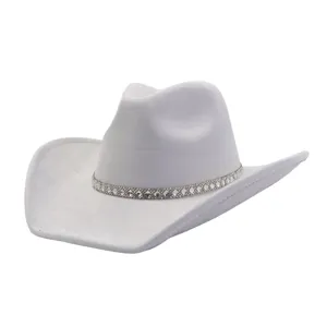 Light grey suede western cowboy hat with sparkling rhinestone band, stylish wide brim jazz hat.