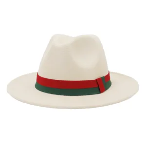 Close-up detail of beige wool fedora hat with red and green striped ribbon band design.