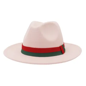 Close-up detail of the stylish beige wool fedora hat featuring a classic red and green ribbon band.