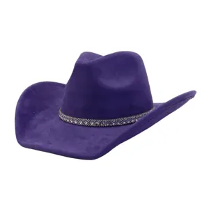 Purple suede cowboy hat with rhinestone band, stylish wide brim fedora for women and men.