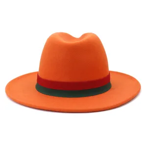 Unisex wide-brim wool fedora hat, classic autumn winter fashion jazz hat with colorful ribbon.