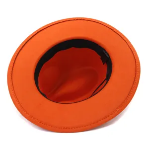 Unisex orange wide brim fedoras autumn winter flat brim wool felt jazz hats for fashion wear.