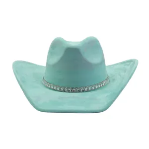 Turquoise suede cowboy hat featuring a sparkling rhinestone band, western style jazz hat detail.
