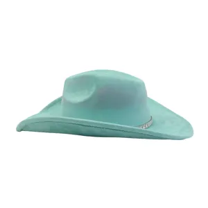 Close-up detail of the soft turquoise suede cowboy hat showing rhinestone band and texture.