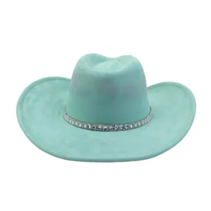 Turquoise soft suede wide-brim cowboy hat with rhinestone band, stylish ethnic jazz fedora.