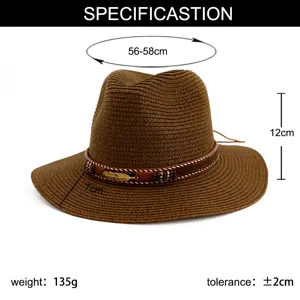 Brown straw fedora hat for women with ethnic band and feather decoration for summer beach.