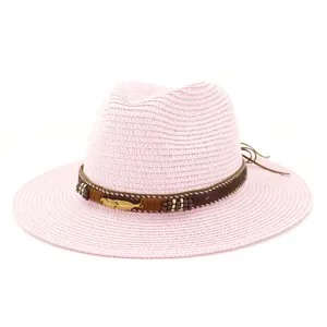Pink straw hat women summer beach sun hat elegant fashion fedora jazz hat outdoor headwear