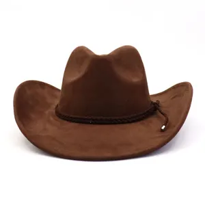 Brauner Wildleder-Cowboyhut Detail, mit klassischer breiter Krempe und geflochtener Kordel.