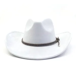 Detailaufnahme der Wildleder Cowboy Jazz Hat mit geflochtener Kordel, modische Hutkrempe.