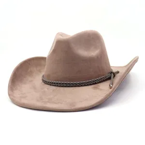 Brauner Wildleder Cowboyhut mit geflochtenem Band, Vintage Western Jazz Hut Damen und Herren.