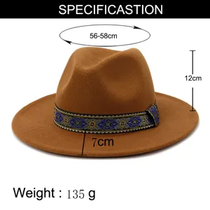 Gedetailleerde maatspecificaties van de wollen fedora hoed met afmetingen en gewicht.