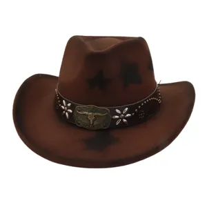 Chapeau de cow-boy occidental marron avec peinture étoile et boucle crâne de taureau unique.
