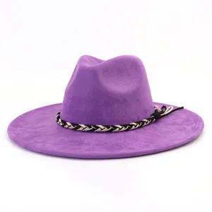 Paarse suède fedora hoed met brede rand en zwart-witte gevlochten band voor unisex
