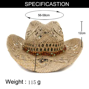 Straw cowboy hat for men and women, handmade woven sun protection hat with beads.
