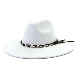 Imitatie suède fedora hoed met gevlochten touwband brede rand stijlvolle hoed voor heren en dames