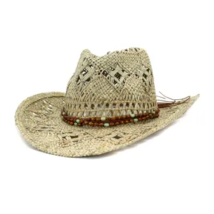 Natural straw cowboy hat with beaded leather band, breathable woven summer sun hat.