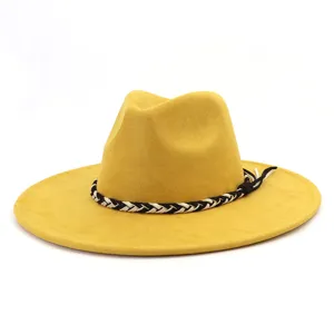 Gele kunstsuede fedora hoed detail, brede platte rand heer dames koppel stijlvolle hoed