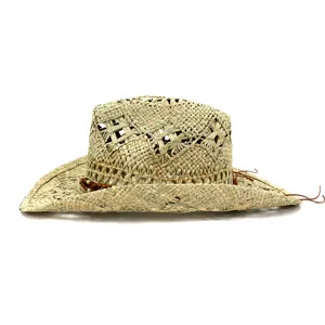 Handwoven natural grass cowboy hat, detailed side view showing beaded strap and texture.