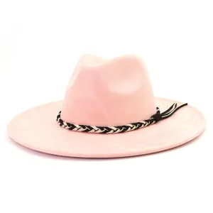 Roze suèdelike fedora hoed met zwart-wit gevlochten band brede rand stijlvolle zonnehoed.