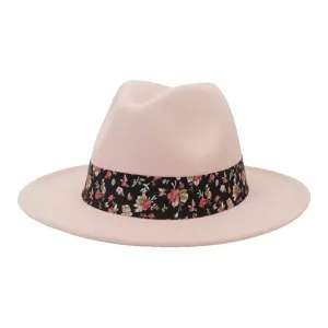 Sombrero fedora de fieltro rosa con cinta floral negra, sombrero de ala ancha jazz.