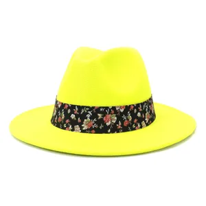 Sombrero fedora de lana amarillo fluorescente con cinta floral sombrero de ala plana elegante