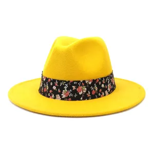 Sombrero Fedora de Fieltro de Lana Amarillo Banda Floral Retro Sombrero de Jazz Ala Ancha