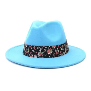 Sombrero fedora de lana azul claro con banda floral negra, sombrero de jazz de ala plana ancha.