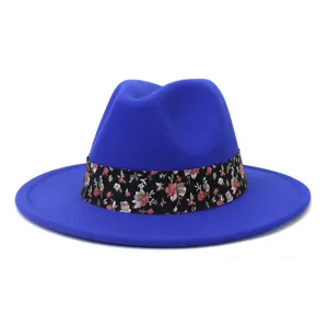 Sombrero fedora de lana azul con cinta floral ala plana elegante gorra de jazz estilo