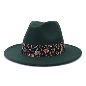 Sombrero fedora de fieltro verde oscuro con detalle de cinta floral, gorro de jazz ala plana.