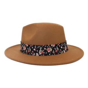Sombrero fedora marrón con cinta floral negra sombrero de jazz de lana clásica unisex