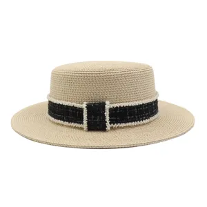 Erholsamer Sommer-Strohhut für Damen mit Perlen besetztem Tweed-Band breite Krempe Sonnenschutz