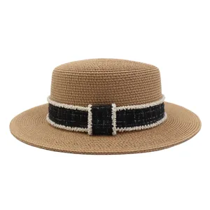 Damen Sommer Strohhut breite Krempe flacher Hut mit schwarzem Tweed Perlen Band Strandkappe