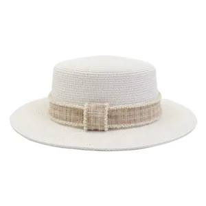 Damen Sommer Strohhut mit Tweed und Perlen Band, elegante breite Krempe fuer den Sonnenschutz.