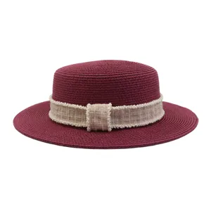 Damen Sommer Strohhut, breite Krempe Sonnenschutz Strandhut mit Perlen Tweed Band.