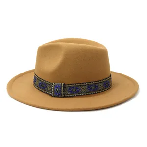Klassieke wollen fedora hoed voor heren en dames, brede platte rand jazz hoed met etnische band.